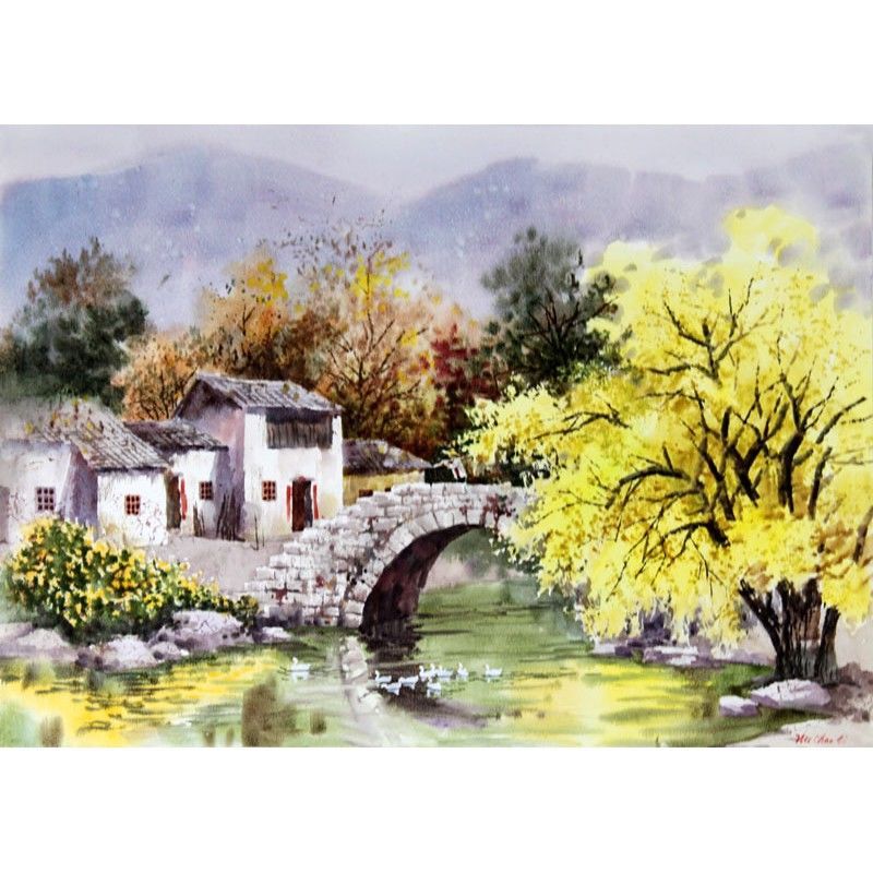 水彩画手绘原作 名家作品出售 水彩风景画 家乡的小河 收藏送礼3