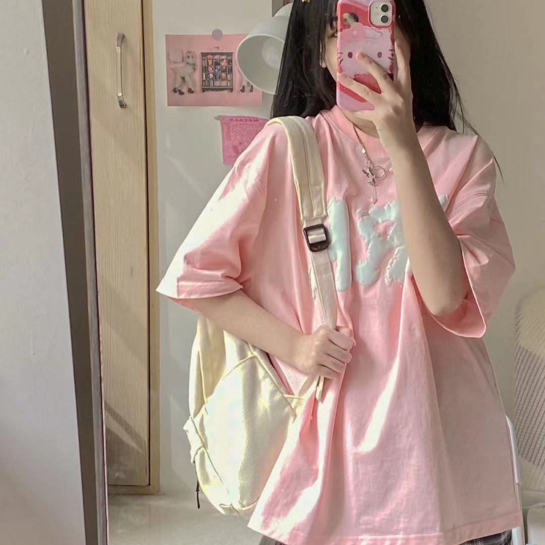 Foam printing short-sleeved t-shirt female students Korean version loose ins tide 2023 new women's summer soft girl top BF