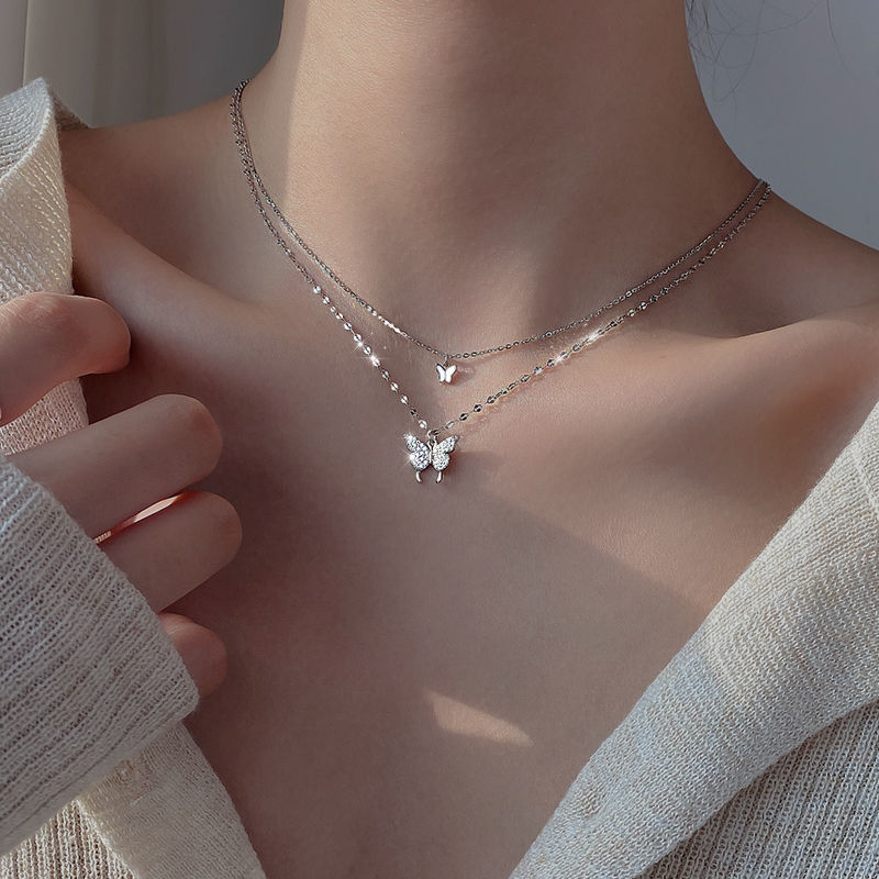 Double-layer butterfly necklace~Flash diamond 2023 spring and summer new trendy women's ins light luxury niche versatile cold style clavicle chain