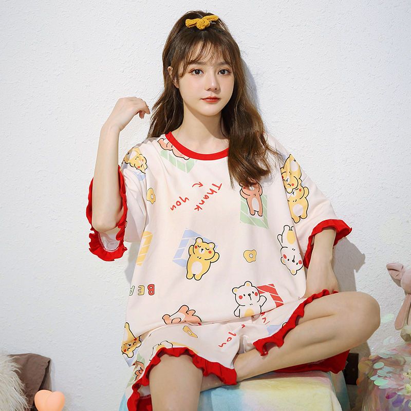 Pyjama girl summer short sleeve Shorts Large Korean version sweet lovely fresh student leisure loose suit home clothes