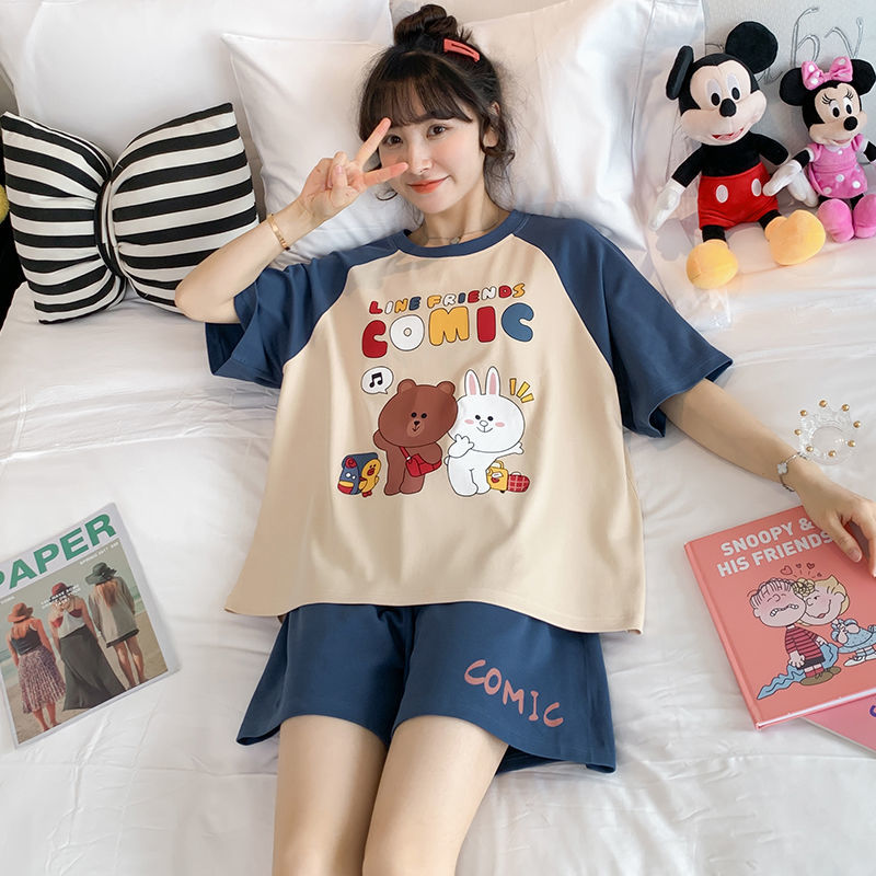 Pyjama girl summer short sleeve Shorts Large Korean version sweet lovely fresh student leisure loose suit home clothes