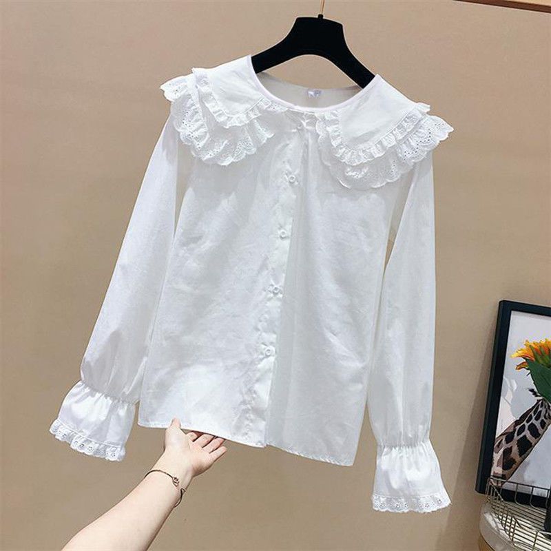Small fresh lace doll collar short long-sleeved shirt 2023 new spring and summer bottoming white shirt girls tops