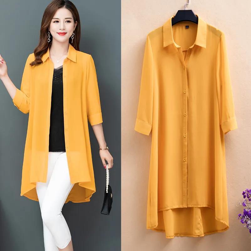 Chiffon shirt women's mid-length  summer new thin section large size loose three-quarter sleeves middle-aged mother sunscreen shirt
