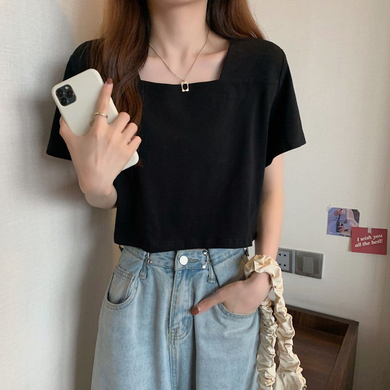 2021新款夏季显瘦百搭短袖t恤女短款辣妹风设计感法式方领上衣服【2月