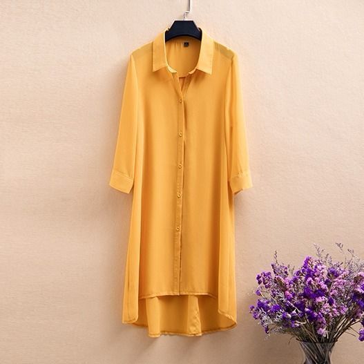 Chiffon shirt women's mid-length  summer new thin section large size loose three-quarter sleeves middle-aged mother sunscreen shirt