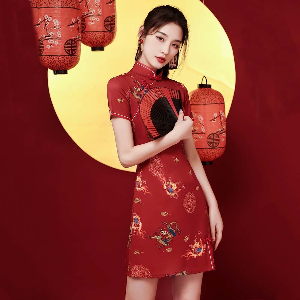 國潮旗袍2023年新款夏季年輕款少女改良小個子連衣裙復古紅色短款