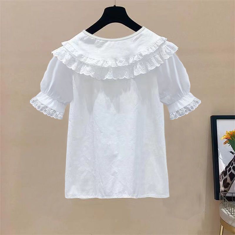 Small fresh lace doll collar short long-sleeved shirt 2023 new spring and summer bottoming white shirt girls tops