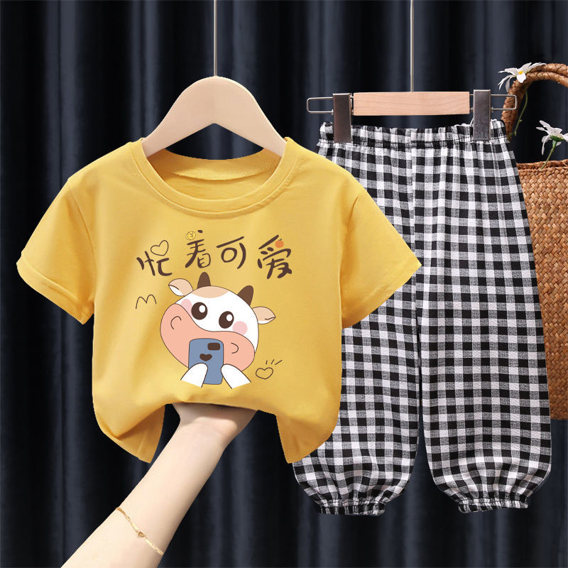 女童男童夏裝套裝2021新款洋氣衣服兒童短袖夏季防蚊長褲兩件套潮