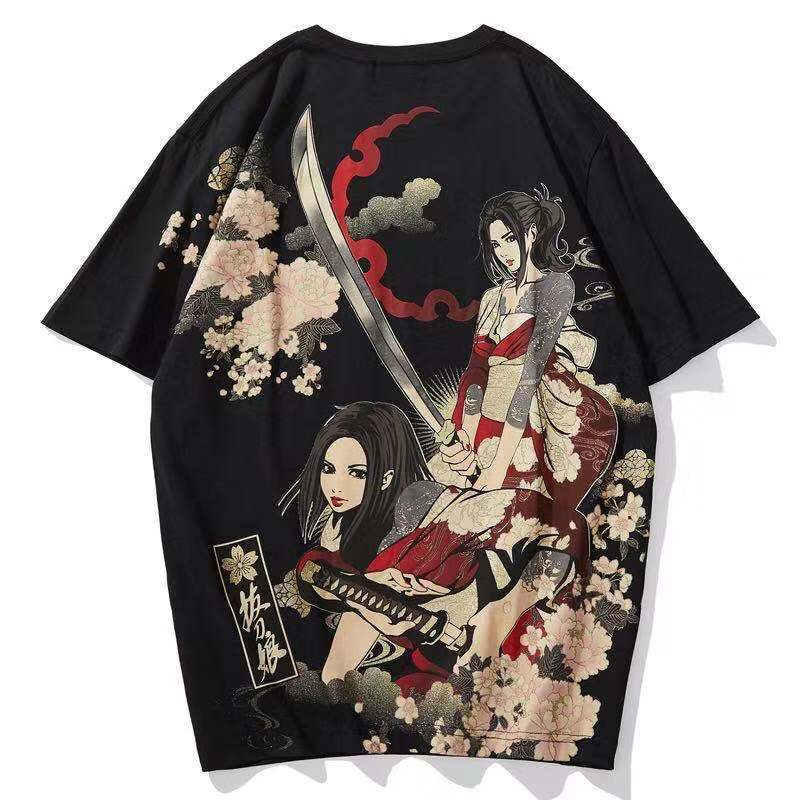 拔刀娘21新款纯棉刺绣t恤男日系潮牌花魁重工五分袖t恤男短袖男 10天内发货 咩吔值得买