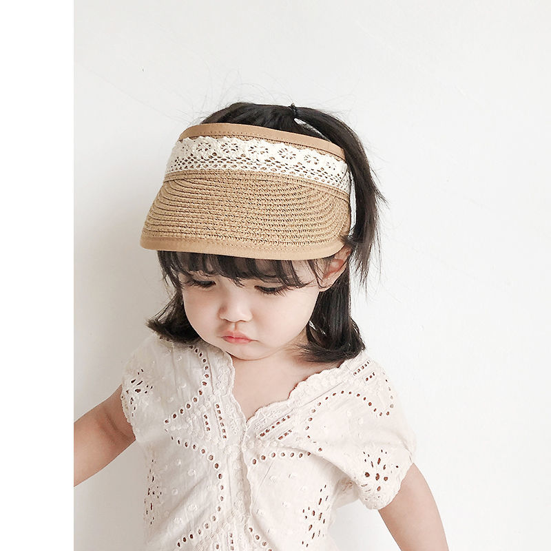 Lace sunscreen straw hat empty top children Korean version summer baby no top cool hat travel shade baby sun hat female
