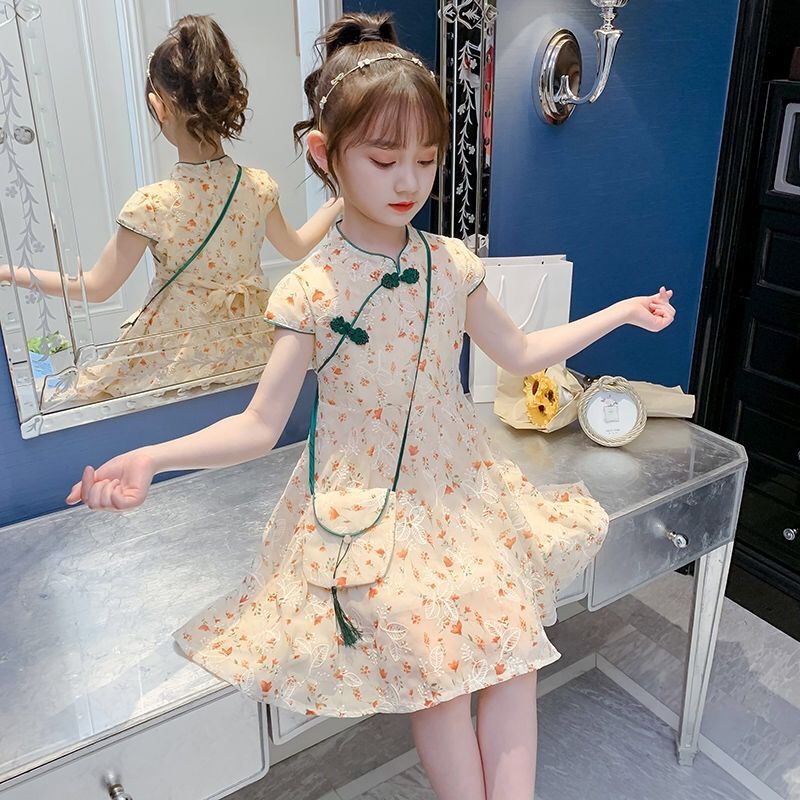 女童連衣裙夏裝2023新款洋氣兒童漢服中國風小女孩雪紡薄款碎花裙