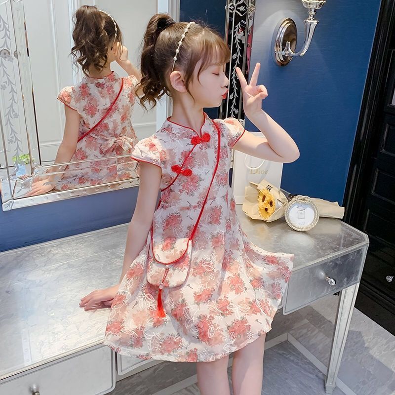 女童连衣裙夏装新款洋气儿童汉服中国风小女孩雪纺薄款碎花裙