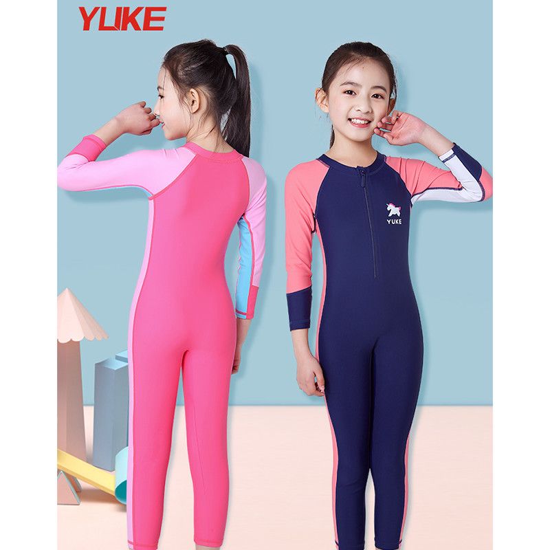 Yuke swimsuit children's girl suit children's long-sleeved one-piece sunscreen swimsuit girl  new treasure swimsuit