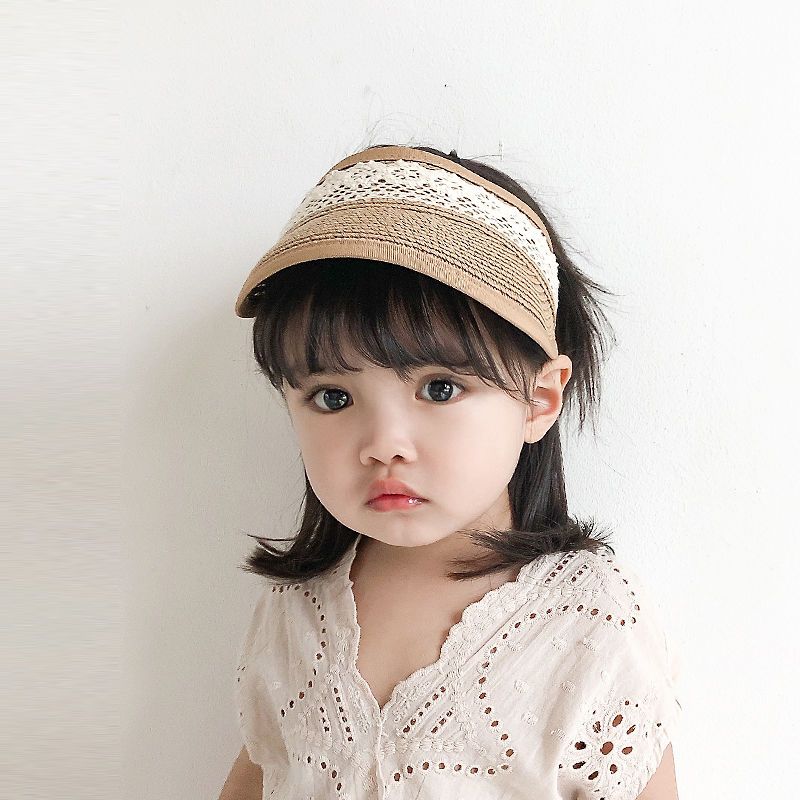 Lace sunscreen straw hat empty top children Korean version summer baby no top cool hat travel shade baby sun hat female