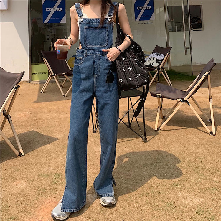 Student age-reducing denim overalls women's 2023 autumn new straight side slit mopping pants look thin and loose wide-leg pants