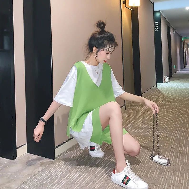 37760-2021新款三件套时尚休闲套装女运动网红洋气很仙的牛油果绿宽松夏-详情图