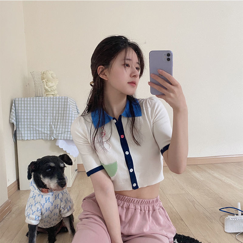 Zhao Lusi same clothes knitted cardigan women's short section BM top exposed navel cute short-sleeved thin section polo shirt summer