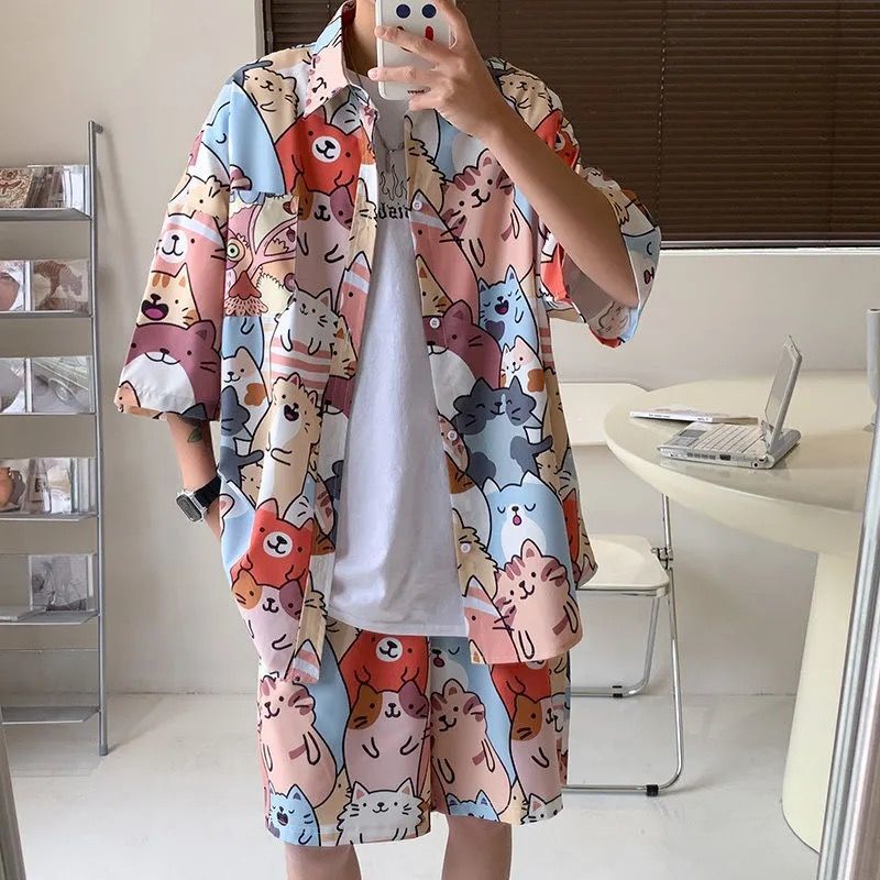 Casual Hawaiian shirt shorts summer trend loose short-sleeved Japanese style beach suit for couples on the beach for men