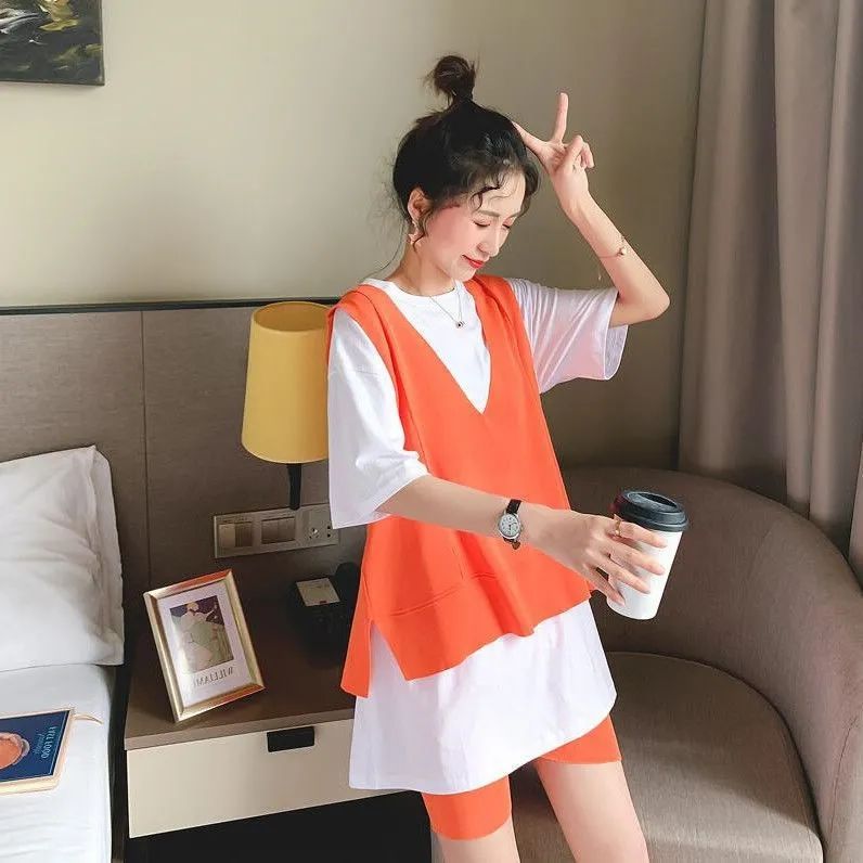 37760-2021新款三件套时尚休闲套装女运动网红洋气很仙的牛油果绿宽松夏-详情图