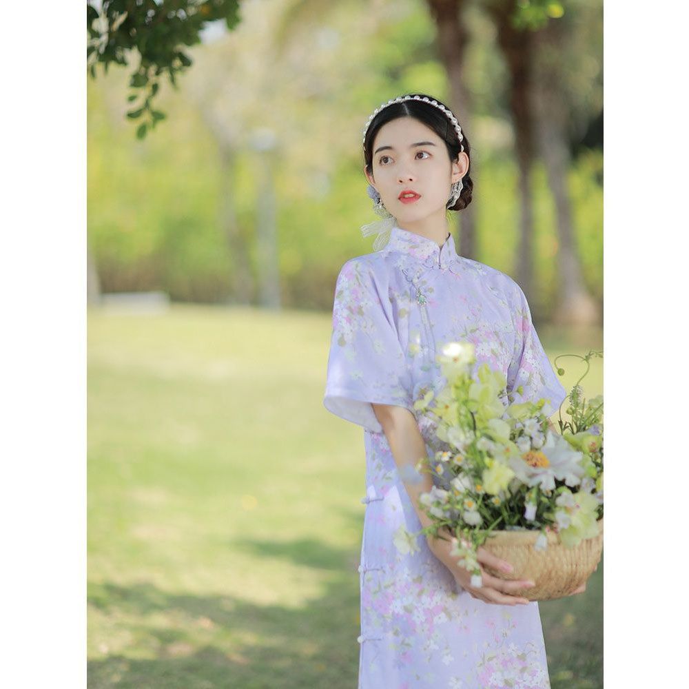 倾若文艺复古民国风仙女气质少女短款纯仿亚麻倒大袖印花连袖旗袍【3