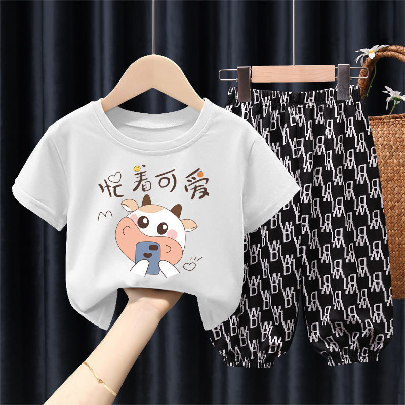 女童夏装套装2021新款韩版男童衣服儿童短袖夏季防蚊长裤两件套潮