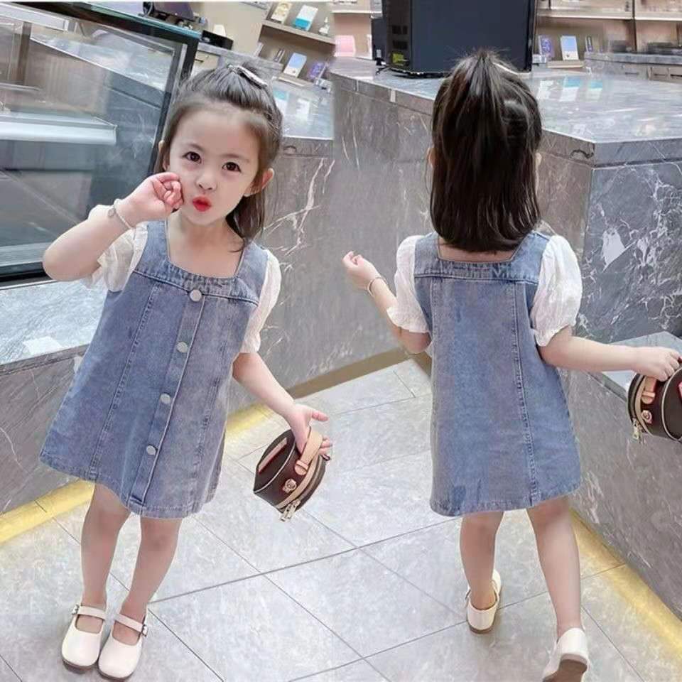 Girls denim skirt summer dress girl dress summer style baby girl short-sleeved skirt children's fashion denim skirt