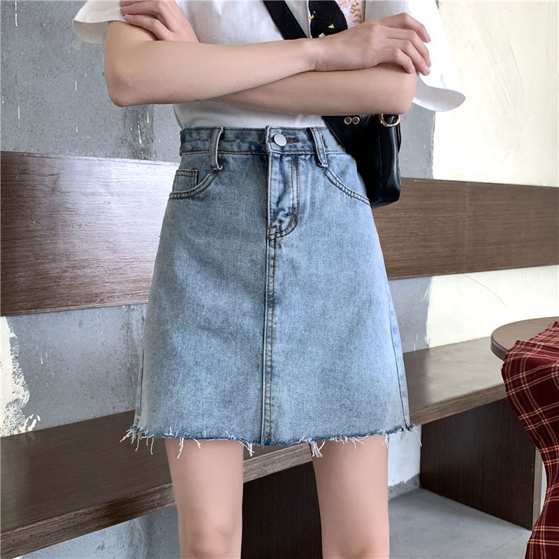 2021 summer new ins net red skirt female Korean version washed denim skirt high waist thin student A-line skirt