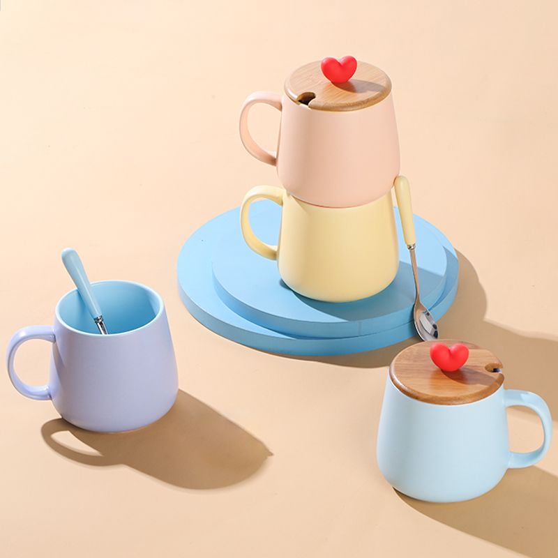 高颜值情侣水杯带盖勺简约陶瓷杯纯色马克杯家用大容量牛奶咖啡杯