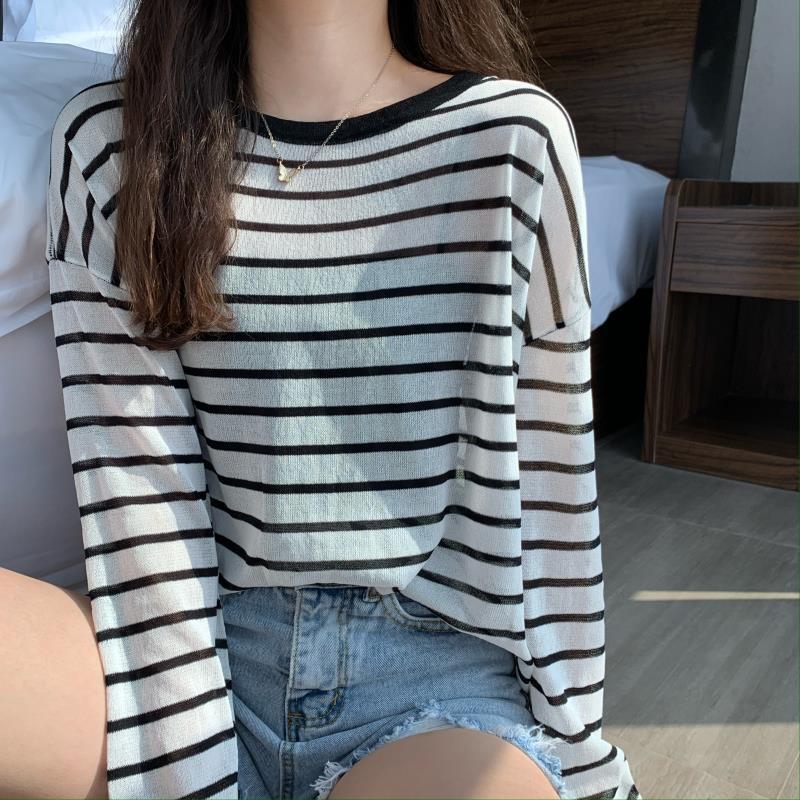 防曬衣服女新款學生韓版寬鬆夏季薄款防紫外線冰絲條紋長袖t恤潮