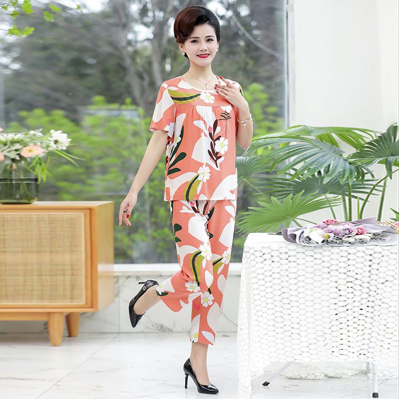 Mother's summer cotton silk suit pajamas middle-aged and elderly women's short-sleeved trousers artificial cotton large size home service two-piece set