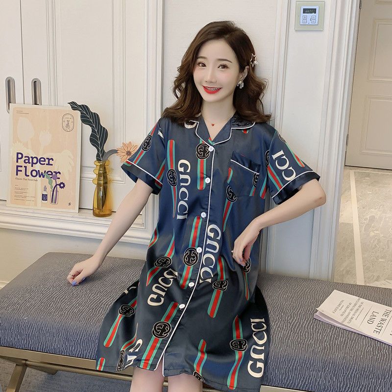 Nightdress female Xia Bingsi short-sleeved thin cardigan sweet and cute student loose imitation silk summer pajamas home service