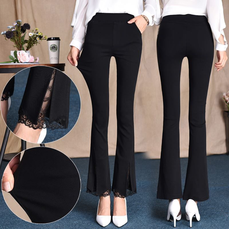 Split 9-inch thin black lace micro flared pants women's new fashion high waist Korean elastic casual pants