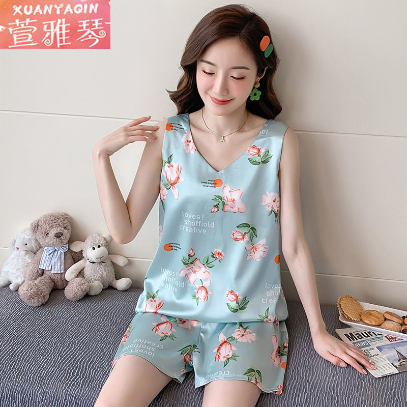 Pajamas women's ice silk summer thin vest suit Korean version cute sweet cartoon summer home service can be worn outside