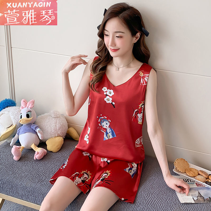 Pajamas women's ice silk summer thin vest suit Korean version cute sweet cartoon summer home service can be worn outside