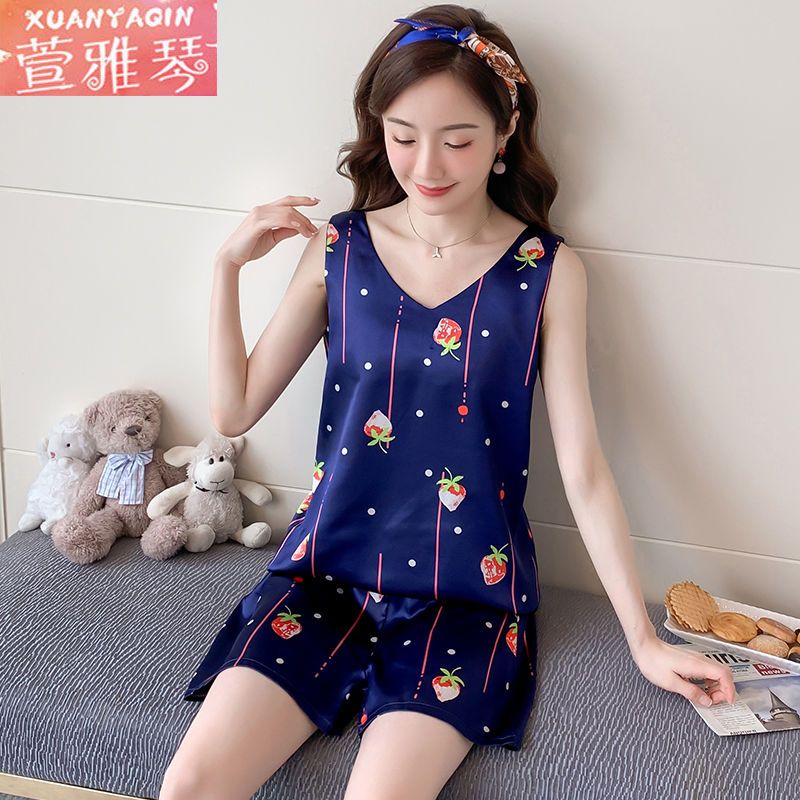 Pajamas women's ice silk summer thin vest suit Korean version cute sweet cartoon summer home service can be worn outside