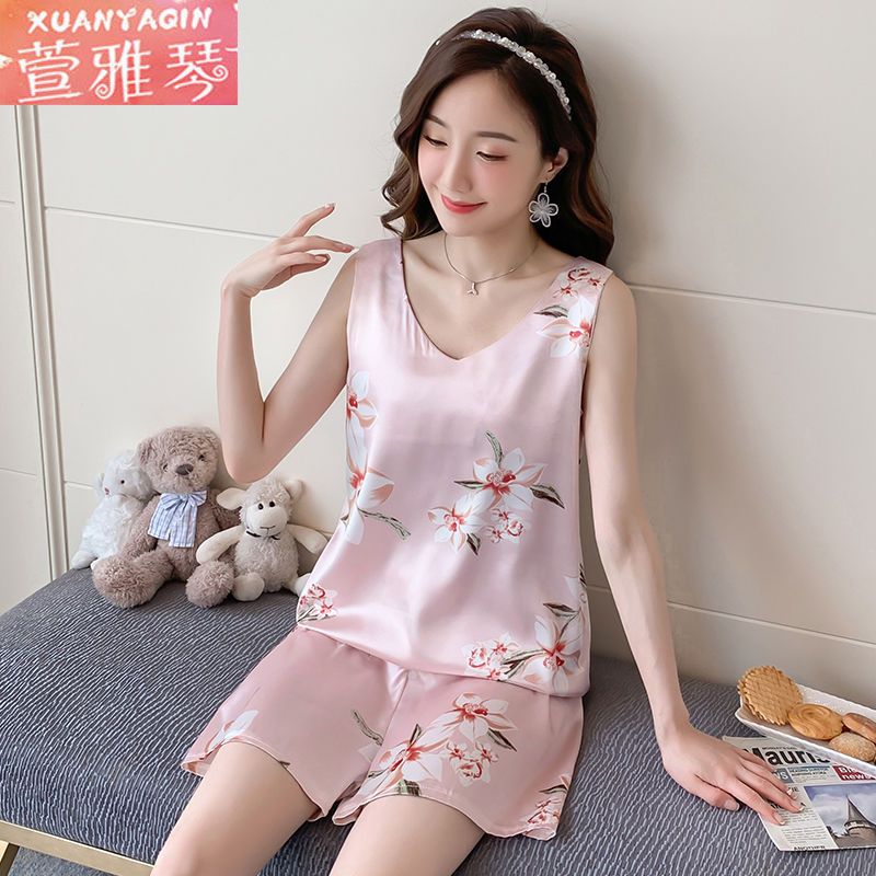 Pajamas women's ice silk summer thin vest suit Korean version cute sweet cartoon summer home service can be worn outside