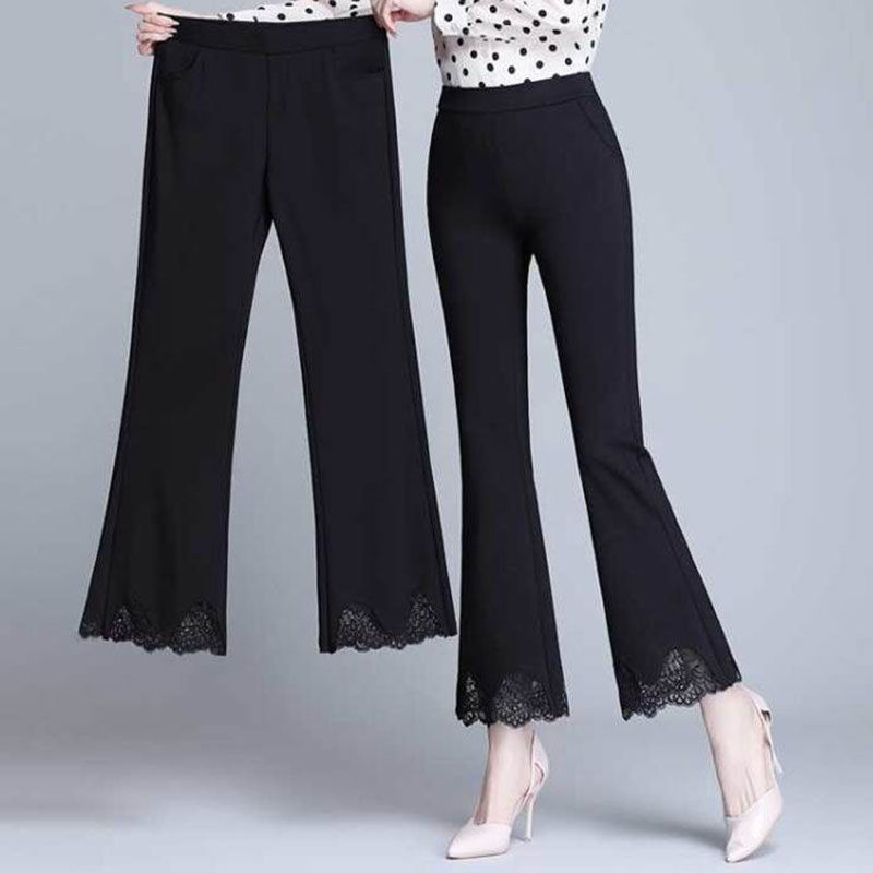 Split 9-inch thin black lace micro flared pants women's new fashion high waist Korean elastic casual pants