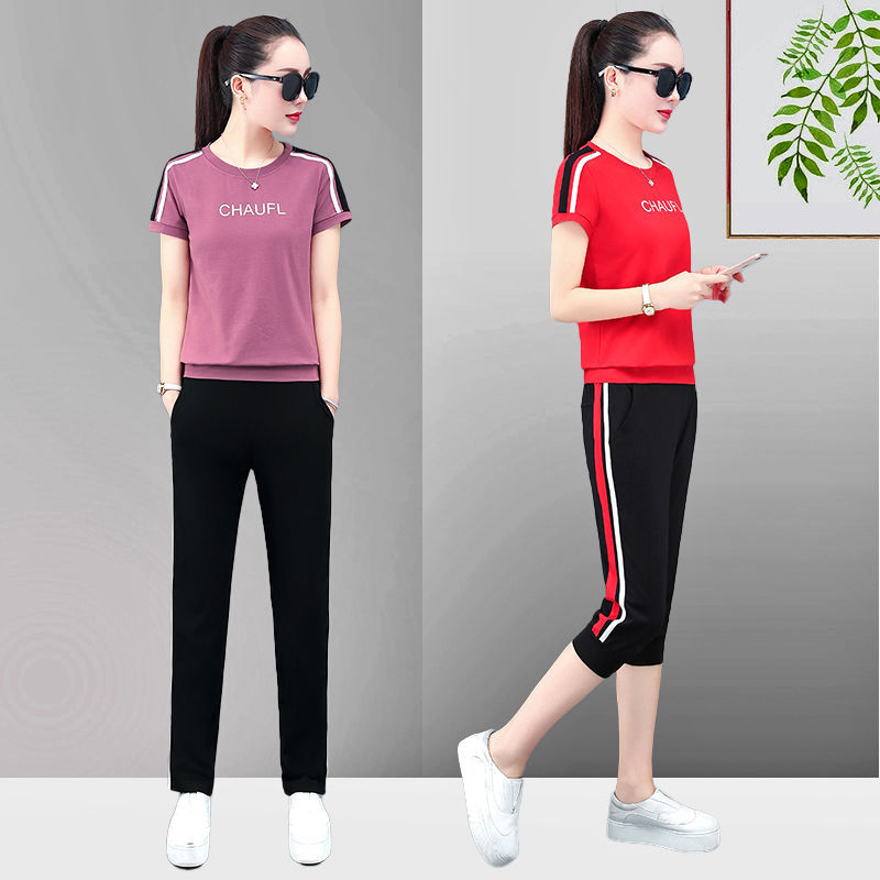 纯棉大码运动套装女夏季新款韩版时尚跑步服显瘦减龄休闲服两件套