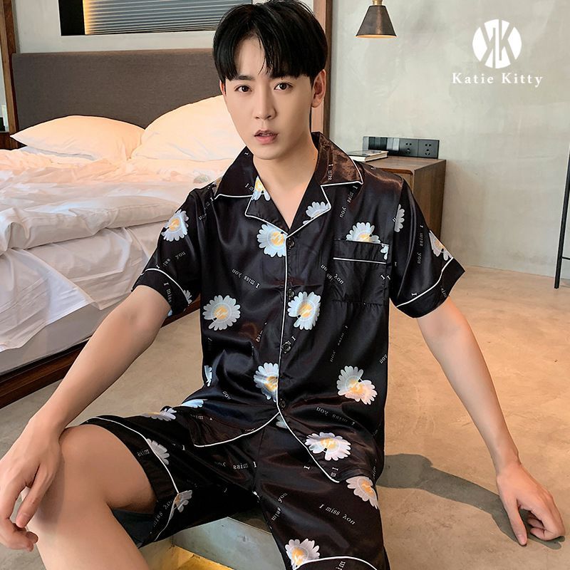 Ice silk pajamas men's summer short sleeve thin silk simulation men's leisure Large Size Youth middle-aged home clothes set summer