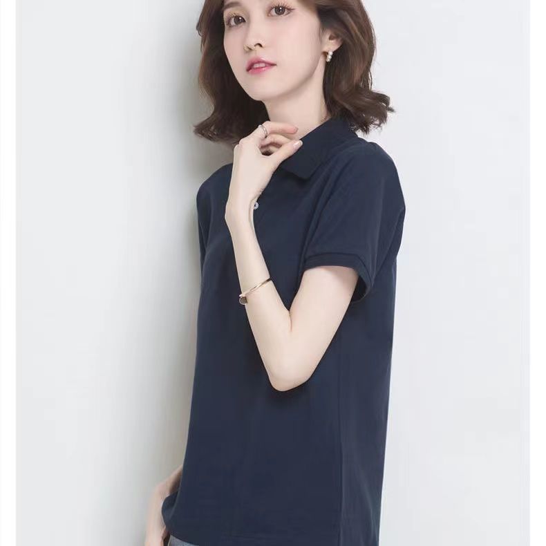 54311-短袖女2021新款潮纯棉休闲运动韩宽女新款翻领T恤上衣女款POLO领-详情图