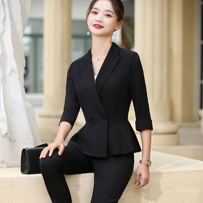 黑色小西装外套女中袖小个子设计感小众夏季薄款气质职业西服套装
