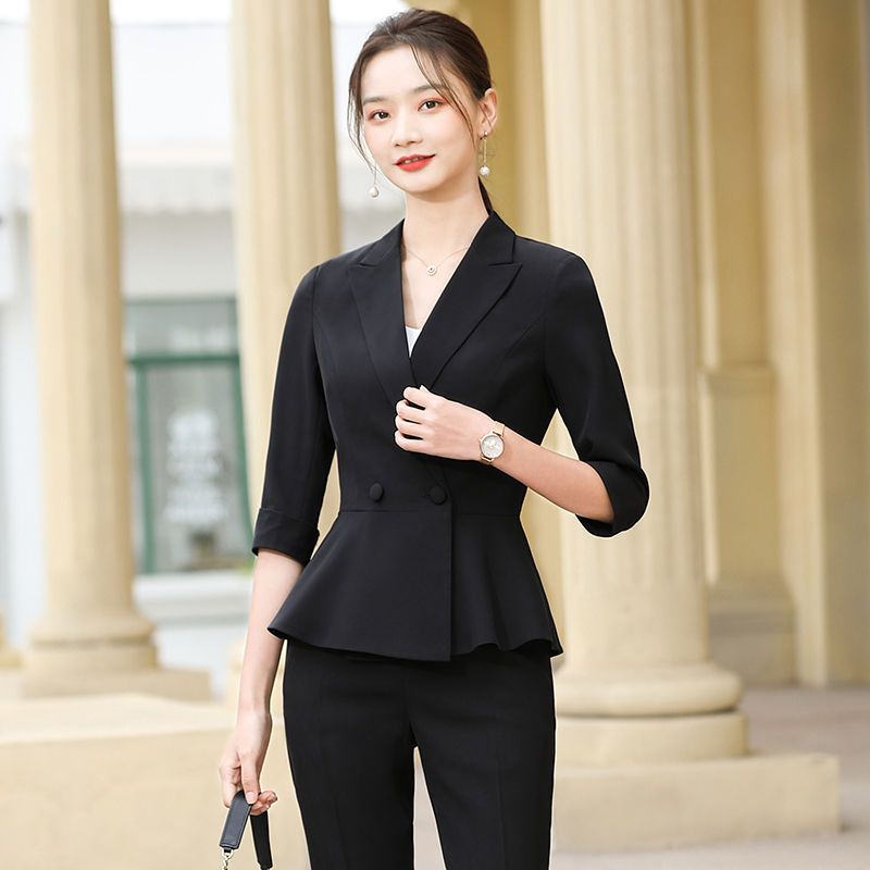 黑色小西装外套女中袖小个子设计感小众夏季薄款气质职业西服套装