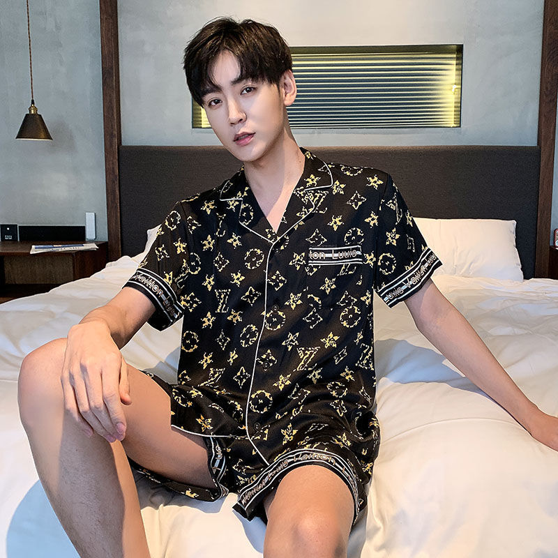Ice silk pajamas men's summer short sleeve thin silk simulation men's leisure Large Size Youth middle-aged home clothes set summer