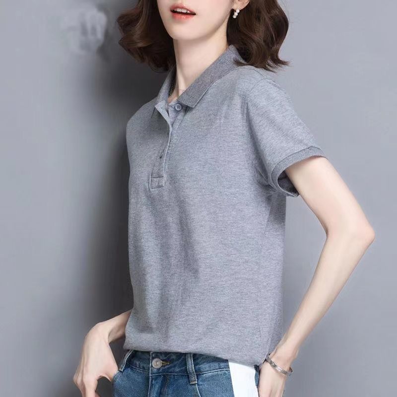 54311-短袖女2021新款潮纯棉休闲运动韩宽女新款翻领T恤上衣女款POLO领-详情图