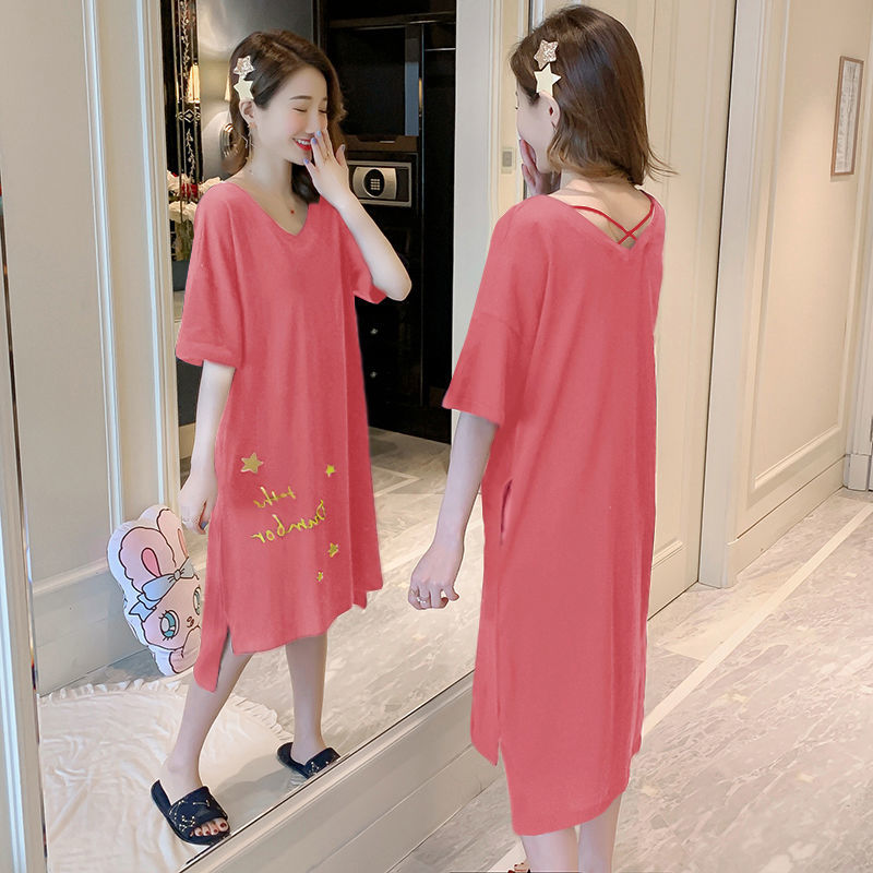 100@cotton nightdress female summer short-sleeved large size loose Korean pajamas fat mm200 catty summer pregnant women can wear outside