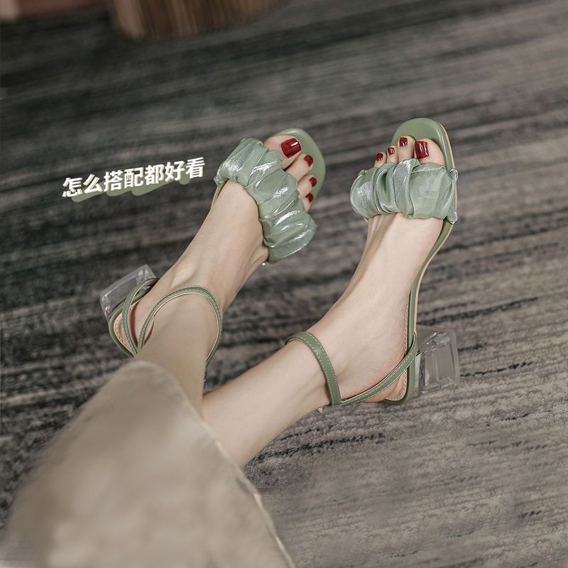 高跟凉鞋女年夏季新款韩版仙女风中跟一字扣带水晶透明粗跟鞋