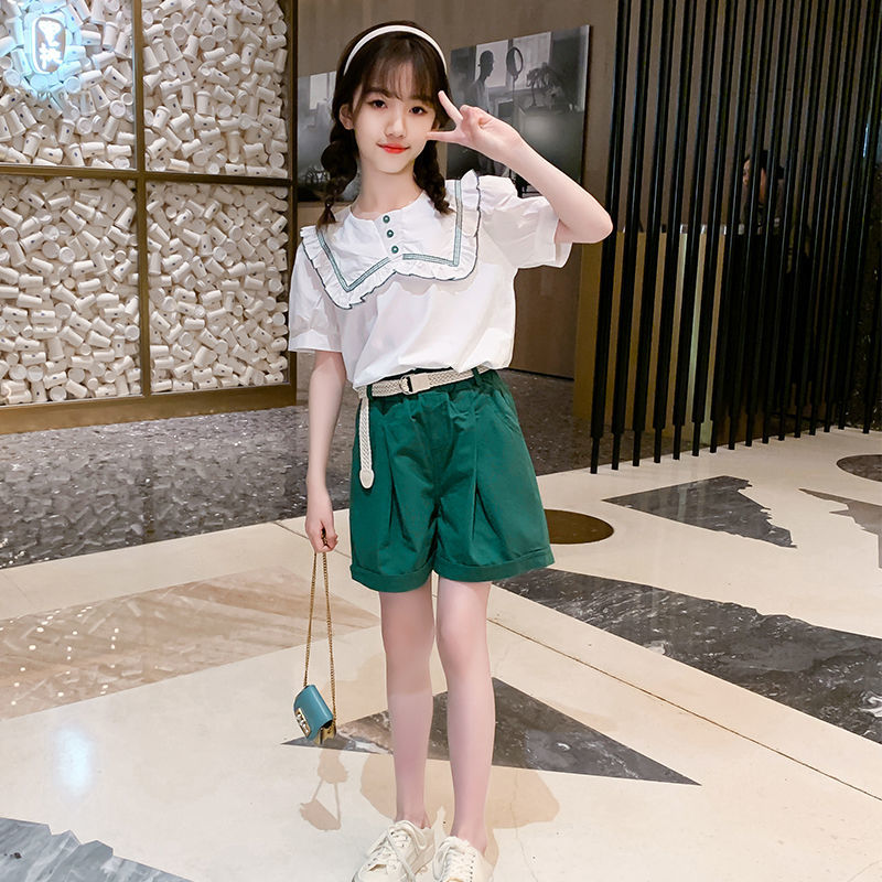 Girls' summer shorts suit 2021 new middle and big children's net red foreign style girl fashionable princess style summer two-piece set