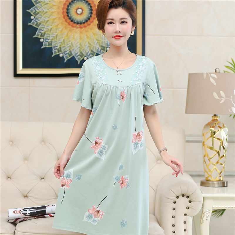 Brand high-end 100% cotton nightdress women's summer middle-aged and elderly modal cotton mid-length plus size loose pajamas