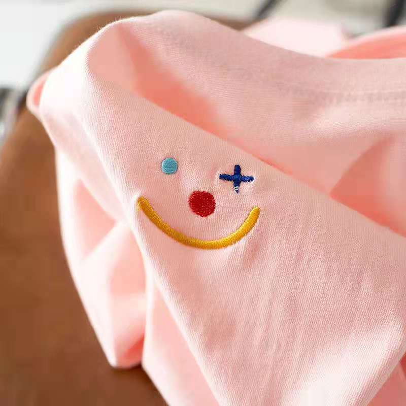 Cotton children's short sleeve summer  new fresh embroidery solid color girls' Top Girls' loose half sleeve T-shirt