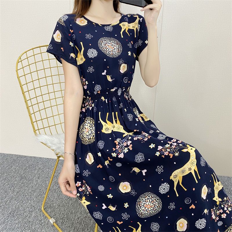 Drawstring 2023 new cotton silk dress women's summer mid-length short-sleeved show thin floral artificial cotton beach skirt women